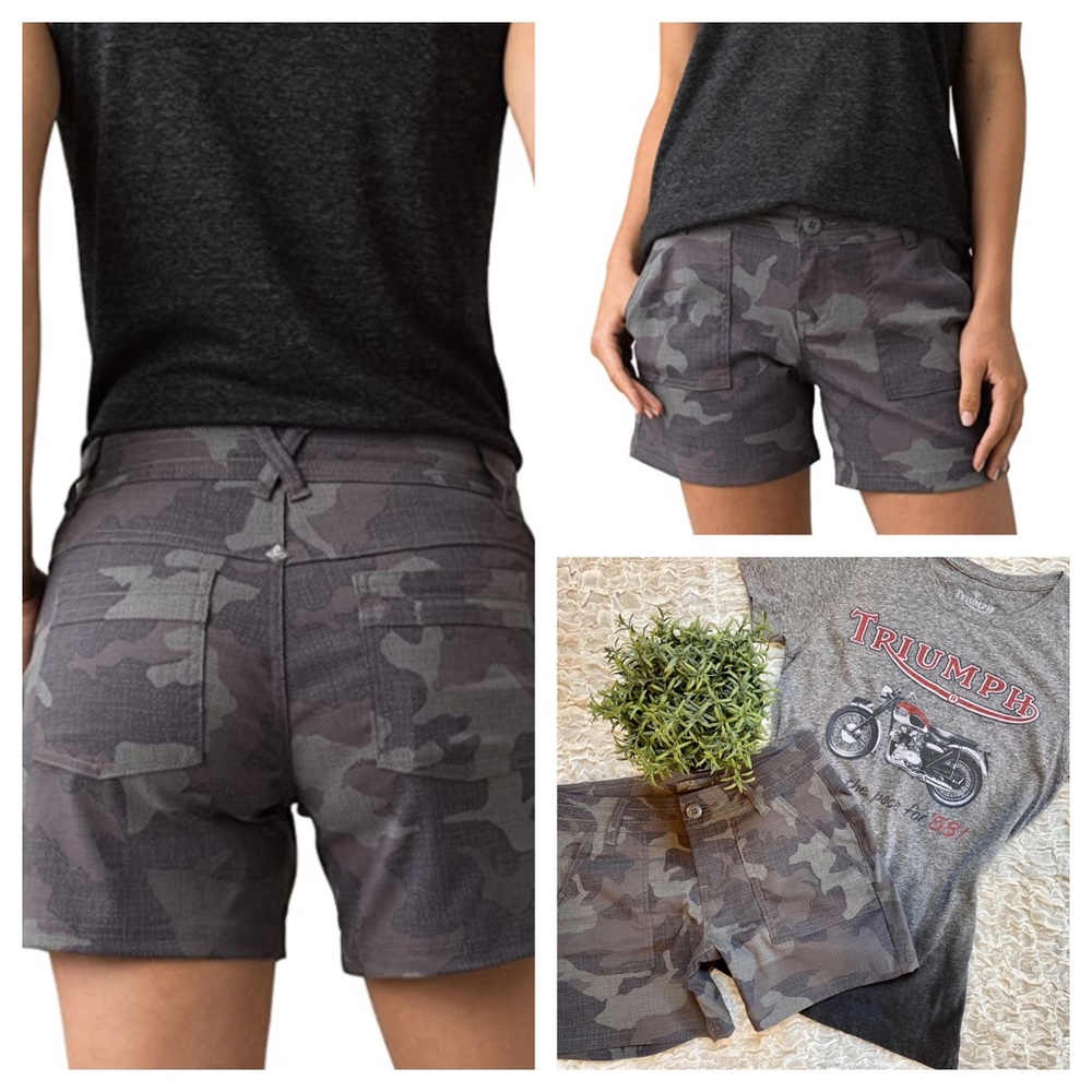 Prana Gloria Camo Shorts 5” Inseam Gray Camouflage Hiking Stretch Short size 0